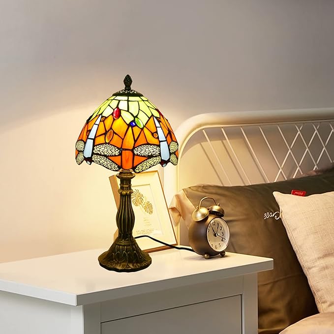Tiffany Lamp Orange Dragonfly Stained Glass Table Lamp Desk Reading Light, 8" Wide 15" Tall Bronze Base Bedside Table Lamp Decor for Bedroom Living Room Home Office
