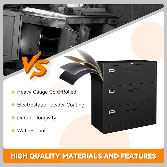Lateral File Cabinet, Metal Filing Cabinet with Lock, 3 Drawer File Cabinets for Home Office, Office Cabinet for Hanging Files Letter/Legal/F4/A4, Assembly Required, Black