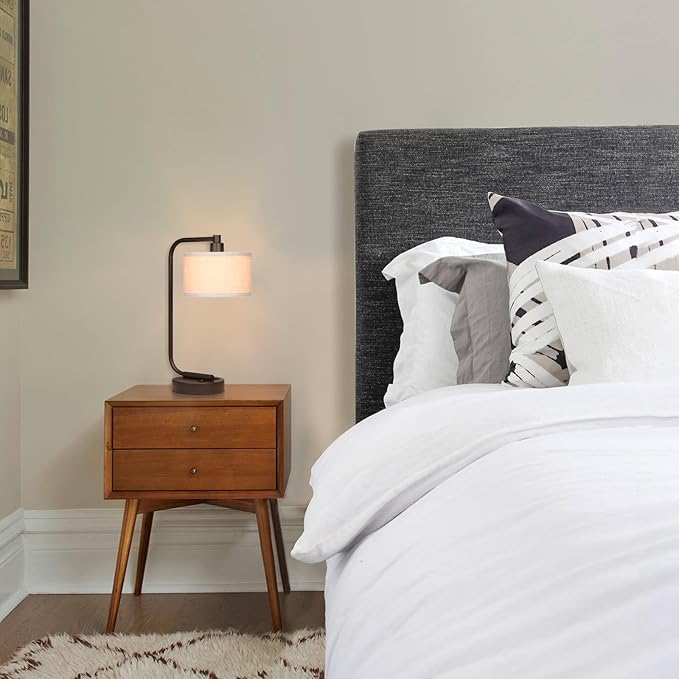 XiNBEi Lighting Table Lamp for Bedroom with USB Port, Modern Bedside Lamp with Linen Fabric Shade, Nightstand Light for Living Room Reading Office, Dark Bronze Finish XB-TL1226-DB