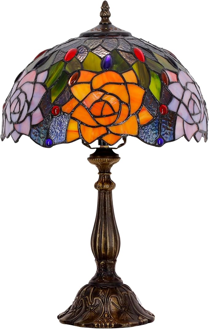 Tiffany Lamp Touch Control Table Lamp Orange Purple Stained Glass Desk Lamp 12X12X19 Inches Rose Flower Style Reading Light