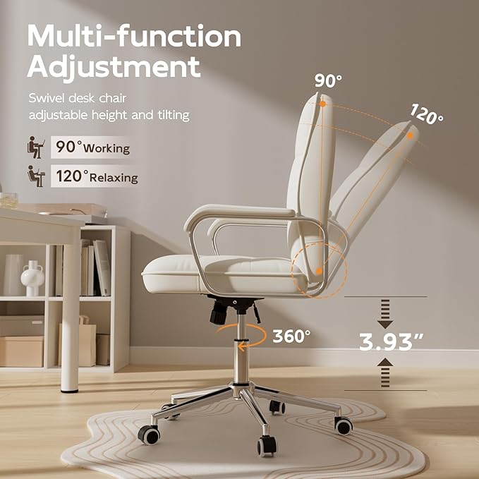 White Office Chair with Soft Leather, Swivel Computer Home Office Desk Chair with Wheels and Padded Arms, Adjustable Height and Tilt