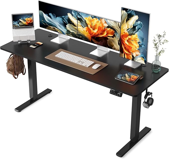 YIHAYO Electric Standing Desk, 63 x 24 Inches Stand Up Desk with Splice Board, Adjustable Height Desk, Computer Desk for Home Office, Black Frame/Black Top