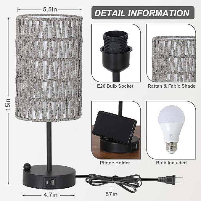 Touch Bedside Lamp For Bedroom with Bulb, Grey Boho Small Table Lamp For Living Room With Rattan & Linen Shade, 3 Way Dimmable Table Lamp For Nightstand With USB Charging Port & Phone Stand For Office