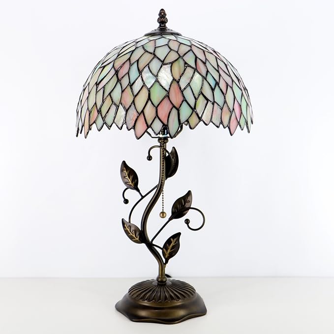 Tiffany Table Lamp, Stained Glass Style Desk Lamp, 12X12X19 Inch,Bedside Reading Light, Metal Leaf Base (Seven Color Wisteria)