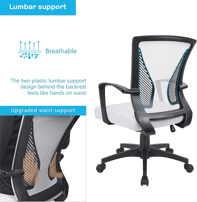 Furmax Office Chair Ergonomic Computer Desk Mesh Chair Mid Back Swivel Lumbar Support with Armrest (1, White)