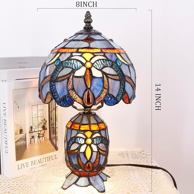 Small Tiffany Lamp Stained Glass Table Lamp Mini Mother Daughter Vase Desk Accent Night Light for Bedroom Bedside Reading Home Antique Style 8X14 Inches (Blue Purple)