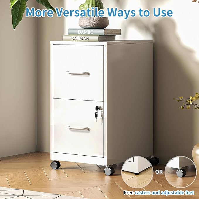 2 Drawer File Cabinet with Lock,Small Rolling Metal Office Storage Mobile Filing Cabinet Under Desk,Vertical Locking File Cabinets with Wheels for Home Office,Legal Required Assembly,White