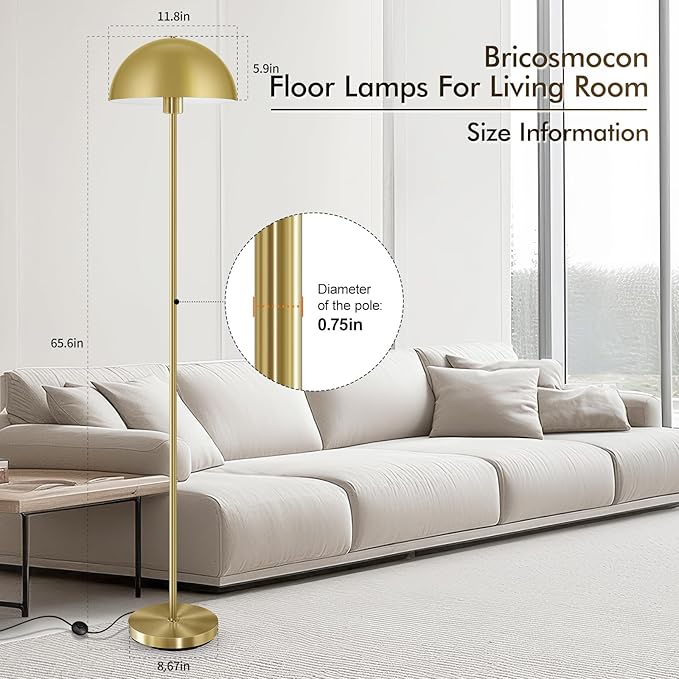 Gold Floor Lamp, 65.6in Floor Lamps for Living Room with Mushroom Dome Shade, Industrial Metal Standing Lamp, Mid Century Modern Floor Lamp for Bedroom/Office, E26 Socket, No Bulb