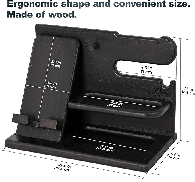 TESLYAR Wood Phone Docking Station for Men - Desk or Nightstand Organizer - Birthday Gifts for Husband or Dad - Anniversary Idea from Wife - Key Holder - Stand Wallet, Watch & Essentials (Deep Black)