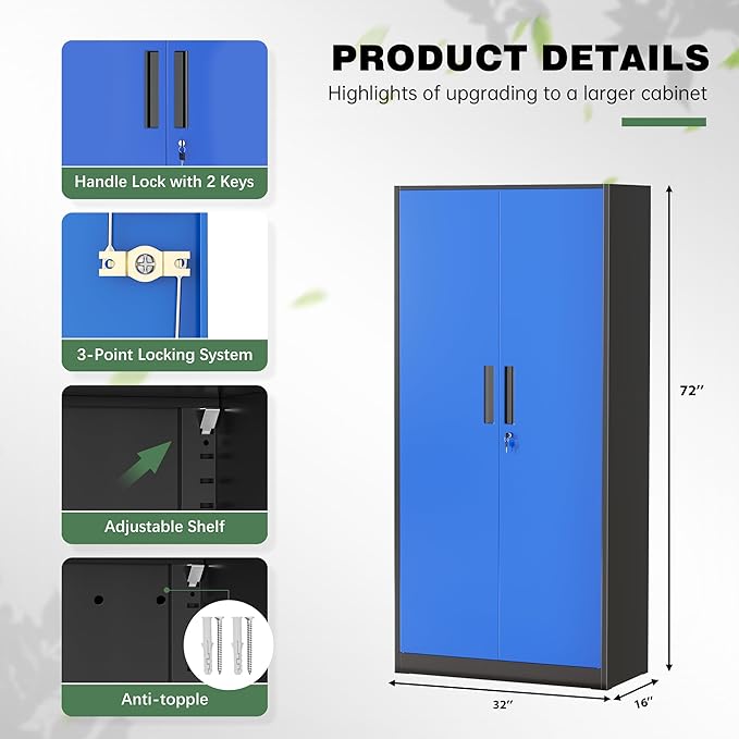 Greenvelly Metal Garage Storage Cabinet with Doors and Shelves, 72" Steel Lockable File Cabinet,Office Storage Cabinet Tall Metal Cabinet for Garage Office School Gym Warehouse(Black Blue)