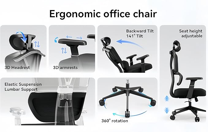 Ergonomic Office Chair - 400 lbs Capacity High-Back Mesh Computer Chair with Lumbar Support, Adjustable Headrest | Home and Gaming Desk Chair,Black