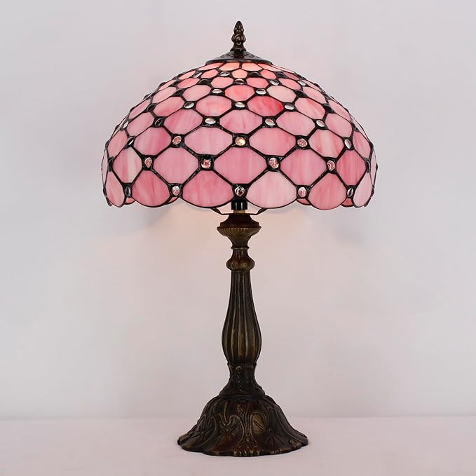 Tiffany Lamp Touch Control Table Lamp Pink Bead Style Stained Glass Desk Lamp 12X12X19 Inches Reading Light