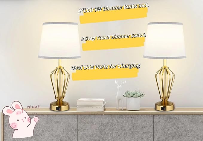 Touch Table Lamps Set of 2, nightstand lamp with USB Ports Bedside 3 Way Touch dimmer Desk lamp for Living Room Bedroom,Gold Plated Spiral cage Base Design Warm White dimmer Bulbs Included.