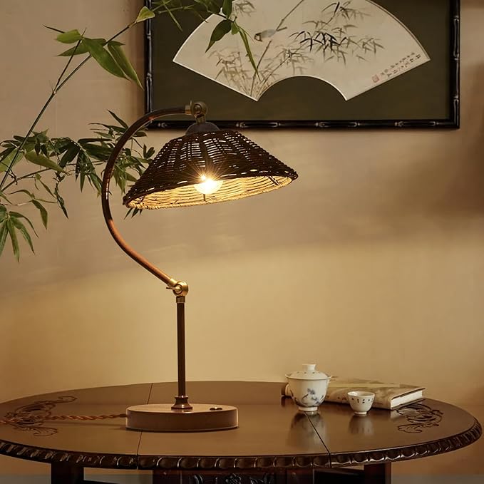 Woven Rattan Bedside Table Lamp for Bedroom, Boho Plug in Handmade Rattan Shade & Anti-Rust Iron Base Desk Lamp, Plug & Play Vintage Dark Brown Nightstand Lamp for Living Room, Office 【Bulb Included】