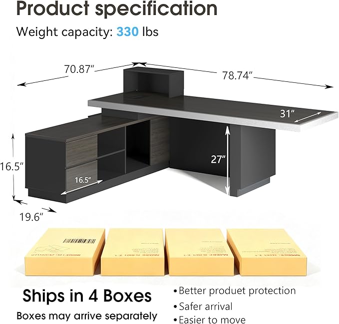 SAINTCY 78" Executive Desk with Drawers - L Shaped Desk with File Cabinet, Black Executive Office Desks with LED Light, Home Office Desk,2.6" Thickened Desktop