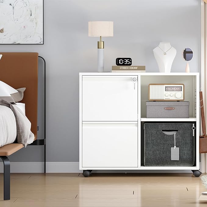 Mobile File Cabinet, 2 Drawer Lateral Filing Cabinets with Lock, Open Storage Cabinet with Adjustable Shelves Fits Letter, A4, Legal Size for Home Office Organization, White