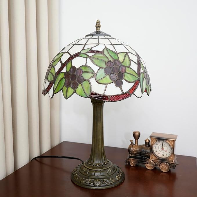 Tiffany Lamp Stained Glass Table Lamp 12 Inch Green Leaves Red Grapes Retro Art Nouveau Bedside Lamp for Living Room Bedroom Study Office Coffee Shop Cafe Home Decor Vintage Tiffany Style Lamp Gift