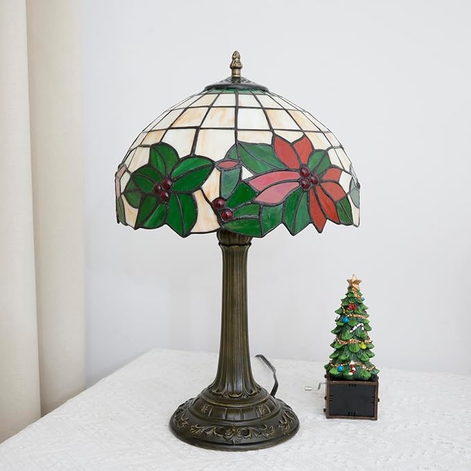 Tiffany Lamp Stained Glass Table Lamp 12 Inch Green Red Christmas Flower Warm Color Reading Lamp Suitable Shops Dormitories Home and Office Decoration Tiffany Style Retro Holiday Home Decoration Gift