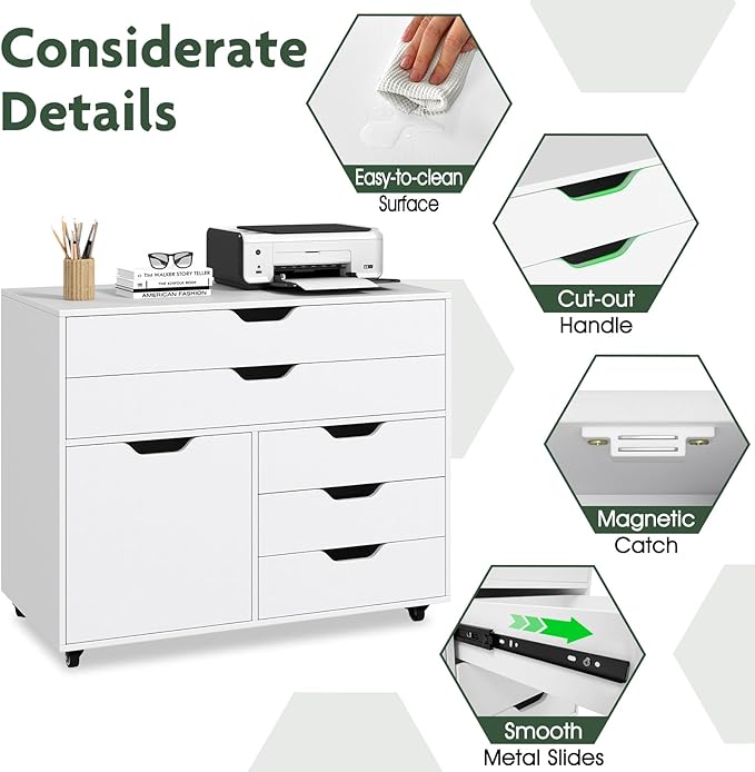 LOKO 5-Drawer File Cabinet, Mobile Chest of Drawers with Side Cabinet, Door Cabinet with 5 Casters, Rolling Lateral Filing Cabinet, Storage Cabinet Unit for Living Room, Study, Home Office
