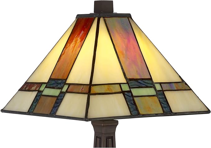 Robert Louis Tiffany Morris Mission Antique Tiffany Style Mini Accent Table Lamp LED 14 1/4" High Warm Brown Art Deco Stained Glass Shade Decor for Bedroom House Bedside Nightstand Home Office