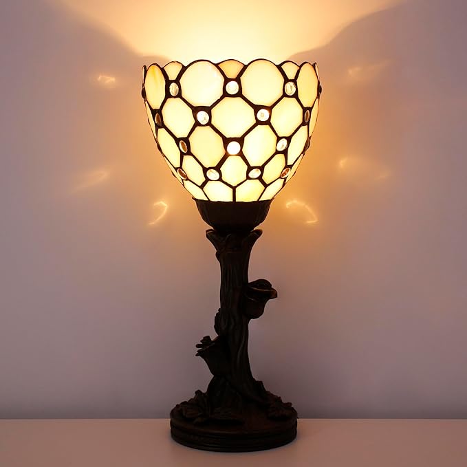 Small Tiffany Lamp Mini Stained Glass Table Lamp Cream Bead Accent Desk Uplight W6 H13.5 Inch Bronze Resin Base