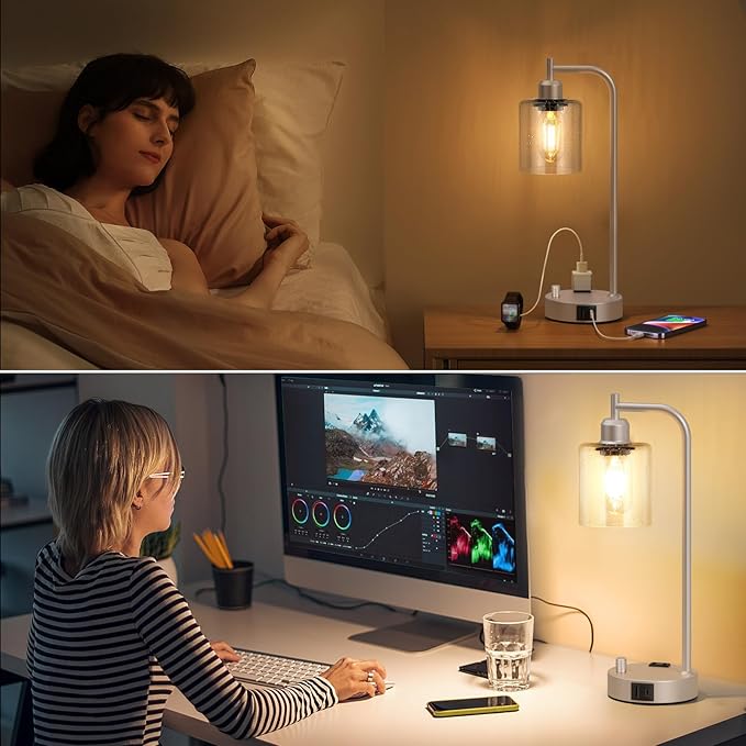 Industrial Table Lamps for Bedrooms Set of 2 - Fully Dimmable Bedside Lamps with USB Ports and Outlet, Champagne Gold Nightstand Lamps with Glass Shade for Living Room, Desk Lamps for Office Reading
