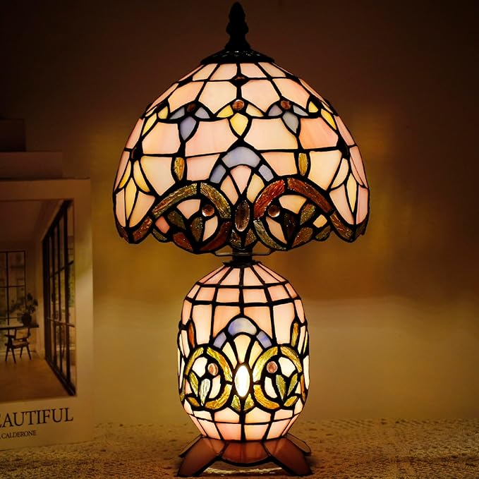 Small Tiffany Lamp Stained Glass Table Lamp Mini Mother Daughter Vase Desk Accent Light for Bedroom Bedside Reading Home Antique Style Decor 8X14 Inches (Pink Baroque)