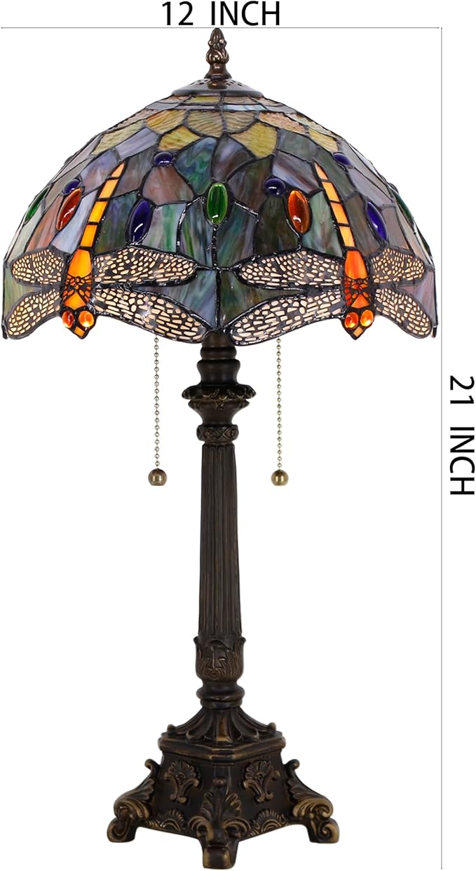 Tiffany Table Lamp Brown Yellow Stained Glass Desk Lamp 12X12X21 Inches Dragonfly Style Reading Light