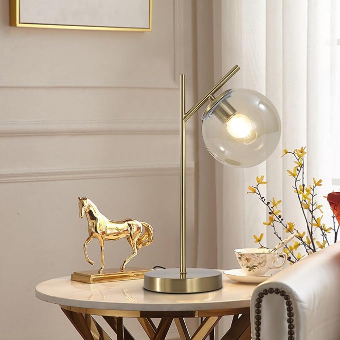 Mid Century Modern Table Lamp, Gold Globe Nightstand Lamp with Cognacs Glass Shade, Metal Brass Desk Lamp for Bedroom Living Room Study Room