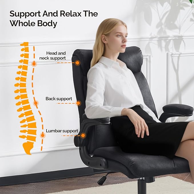 VINGLI Rolling Ergonomic Office Desk Chair with Padded Flip-up Arms, 360° Swivel High Back Executive Computer Task Chair with Wheels for Game,Home Small Space, Study Room, Reading Room,Pu Black