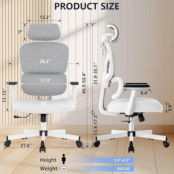 Office Chair, Ergonomic Desk Chair, High Back Desk Chair, Big and Tall Reclining Comfy Home Office Chair with Lumbar Support Breathable Mesh Computer Chair Adjustable Armrests