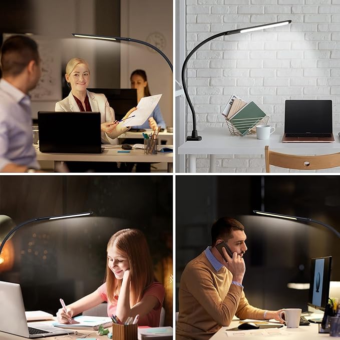 YOUKOYI LED Desk Lamp with Clamp,10W Swing Arm Clamp Lamp, 5 Brightness Levels & 4 Color Modes, Gooseneck Lamps Touch Control, Architect Desk Lamp for Home Office, Reading, Work(Black)