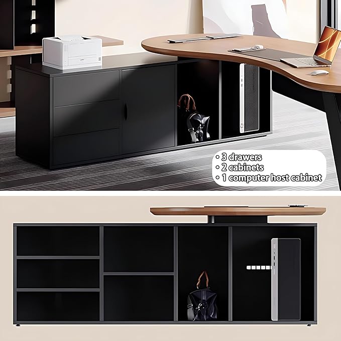 Home Office Desk - L Shape Office Table with Side Cabinet, Solid Wood Executive Desk with Large Desktop & Desktop Power Supply, Novel Design (100IN)