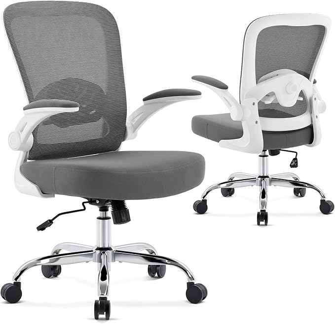Office Chair,Ergonomic Desk Chair with Adjustable Lumbar Support, Mesh High Back Computer Chair with Flip-up Armrests,Rocking Tilt Rolling Swivel Executive Chair for Home Office Grey