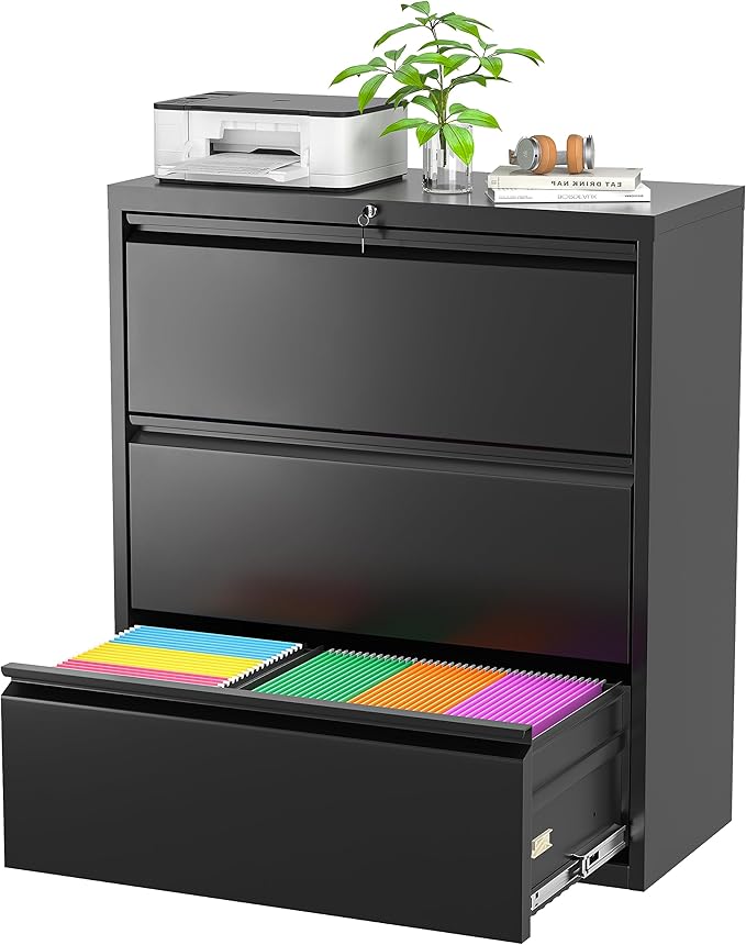 Superday Filing Cabinet Lateral File Cabinet 3 Drawer, Black File Cabinets with Lock, Locking Metal Office Filing Cabinets for Home Office/Legal/Letter/A4/F4