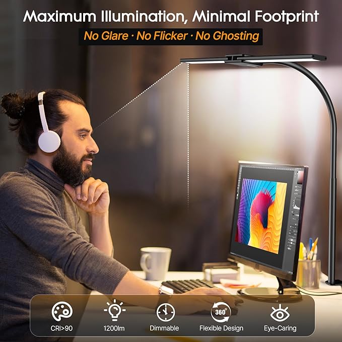 Syrinx LED Desk Lamp for Home Office ā Eye-Caring Dual Head Desk Light with Flexible Gooseneck, Clamp, Gesture/Wired Control, 50 Lighting Modes with Memory/Timer for Study, Crafting