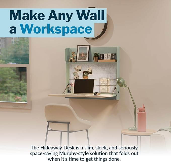 Vari Hide-Away Wall Mounted Floating Desk - 32” Foldable Murphy-Style Desk for Bedroom, Dorm, Apartment + Cable Ports, Bungee Storage, Shelf, 100 Lb Capacity + Simple Assembly (Seafoam/Light Wood)