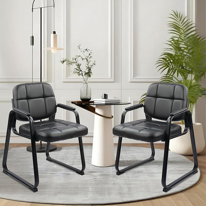CLATINA Waiting Room Chairs No Wheels Set of 4, Stationary Leather Office Reception Guest Chair with Padded Arms and Sled Base for Elderly Desk Conference Room Lobby Table Side Salon