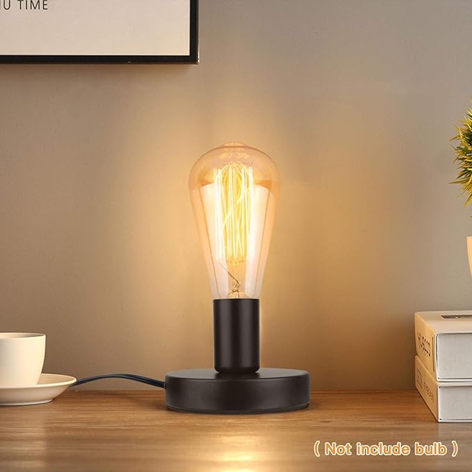 Helunsi Industrial Table Lamp Base, E26 E27 Lamp Base Without Shade, Mini Short Desk Lamp Exposed Bulb Base, Simple Metal Edison Light Bulb Stand, with 5.8ft Cord Switch Plug Bulb Base Holder (Black)