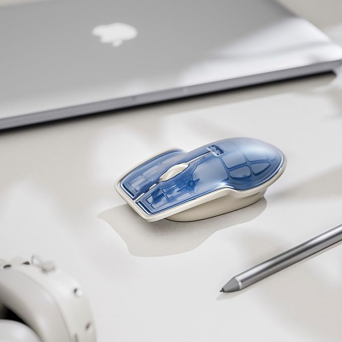 LUNAR ARTEFACTS Ambidextrous Rechargeable Bluetooth Wireless Computer Mouse Blue Translucent with White Powder Coated Aluminum, USB-C