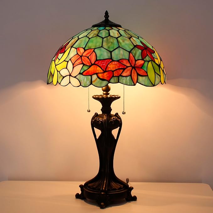 Tiffany Stained Glass Table Lamp 16X16X24 Inch Green Red Flowers Style Desk Bedroom Living Room Antique Reading Light (Red Flowers)