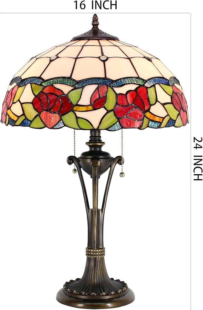 Tiffany Table Lamp Red Rose Flower Style Stained Glass Desk Lamp 16X16X24 Inches Reading Light