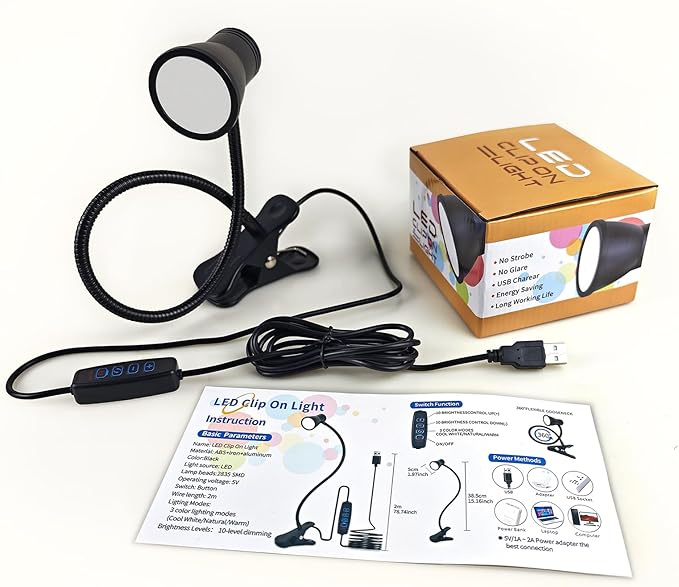 LUJOLUMIN Clip Desk Lamp, USB Reading Light, Flexible Neck Led Clamp Light with 3 Color Temperature Options, 10 Dimmable Brightness Levels for Working, Studying (8W)