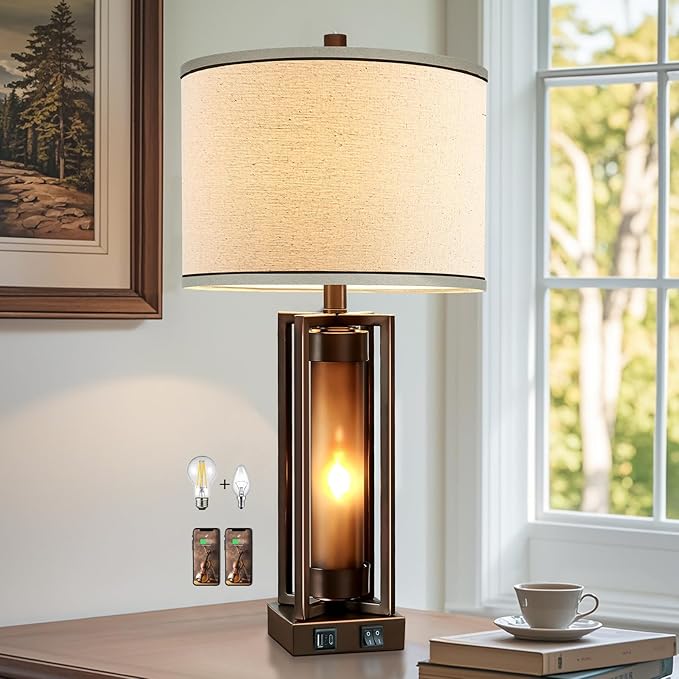 Rustic Table Lamps for Living Room with USB C+A Ports, Farmhouse Vintage Nightstand Lamp with Amber Acrylic Night Light, Retro Desk Lamp for Bedroom Entryway Dorm, 2 Bulbs Included (Brown)