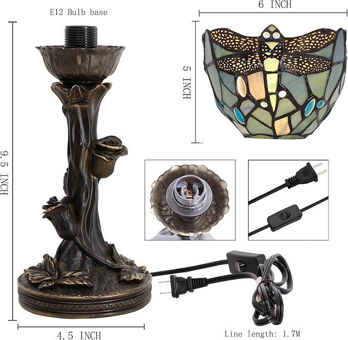 Small Tiffany Lamp Mini Stained Glass Table Lamp Blue Dragonfly Accent Desk Uplight W6 H13.5 Inch Bronze Resin Base