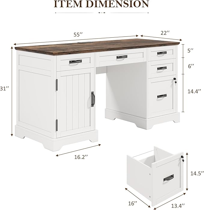 Whalefall 55'' Farmhouse Desk Home Office with Drawers, Executive Computer Desk Wooden with File Cabinet and Charging Station, White