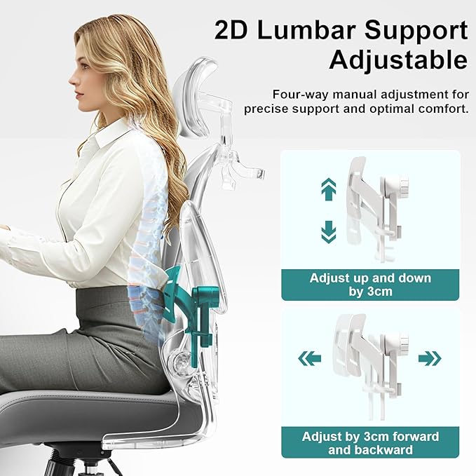 TLLMOON-6066 All-Around Fine-Tuned Comfort Chair. Liftable seat, 4D Lumbar Support, 2D armrests with headrest, Headrest, Hanging bar. Office, Home, Study(W-Grey)
