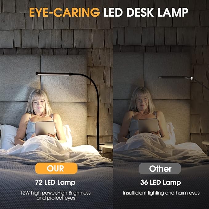 LED Desk Lamp with Clamp, Eye-Caring Clip on Lights for Home Office, 3 Modes 10 Brightness, Long Flexible Gooseneck, Metal, Swing Arm Architect Task Table Lamps with USB Adapter, White