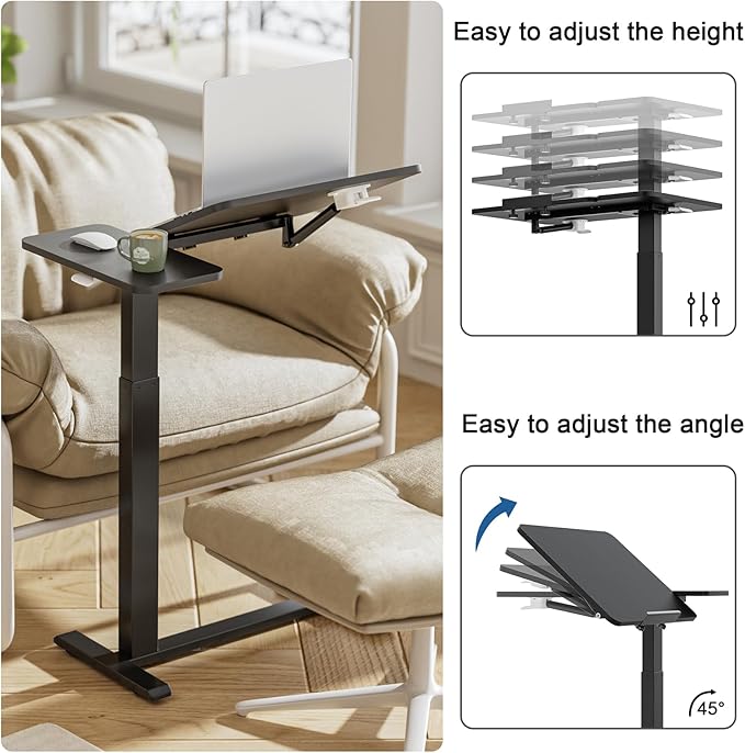 Ywin Medical Adjustable Tilt Overbed Bedside Table with Wheels, Swivel Portable Tray Table(27.6" W x 15.8" D), Small Standing Desk for Bedroom, Hospital, Couch, Office Use,Black