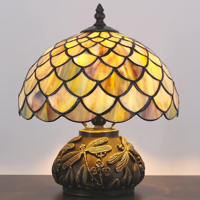Small Tiffany Table Lamp Yellow Fish Scales Style Stained Glass Desk Lamp 10X11.5 Inch Mushroom Table Light for Office Home Living Room Bedroom